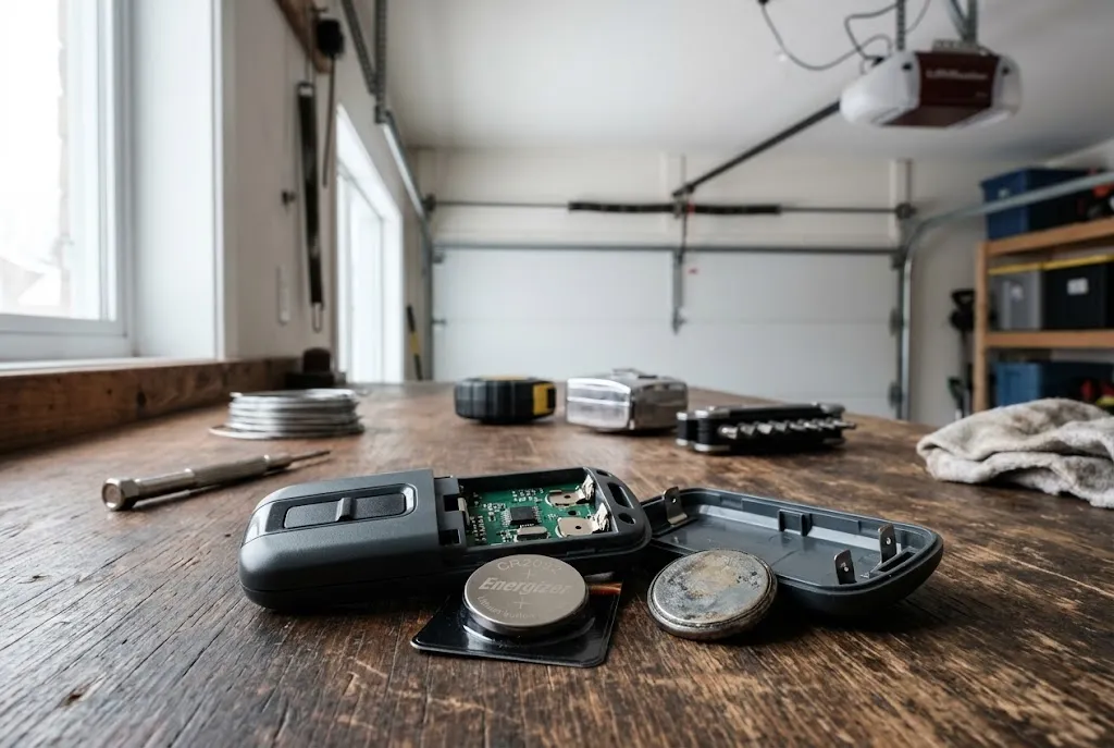 Garage door remote battery replacement beside an opened remote control
