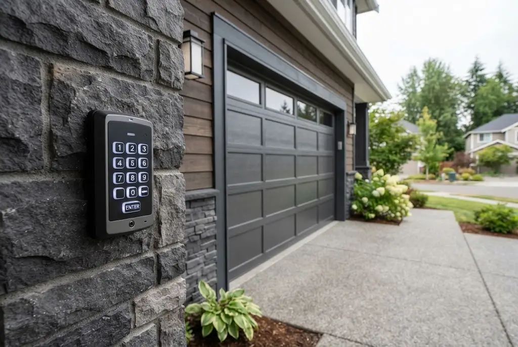 garage door keypad mounted beside a residential garage door