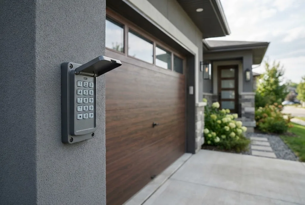 universal garage door keypad mounted beside a residential garage