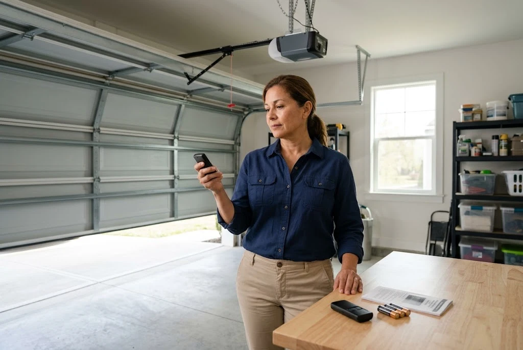 Chamberlain garage door remote replacement guide showing a homeowner comparing garage door remote controls.