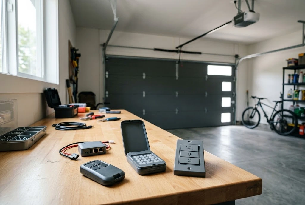 Garage door opener accessories including a wireless transmitter, keypad, and wall-mounted control.