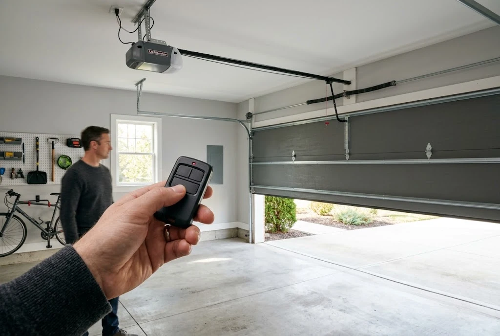 Garage door remote manual guide showing a handheld remote used to operate a residential garage door.