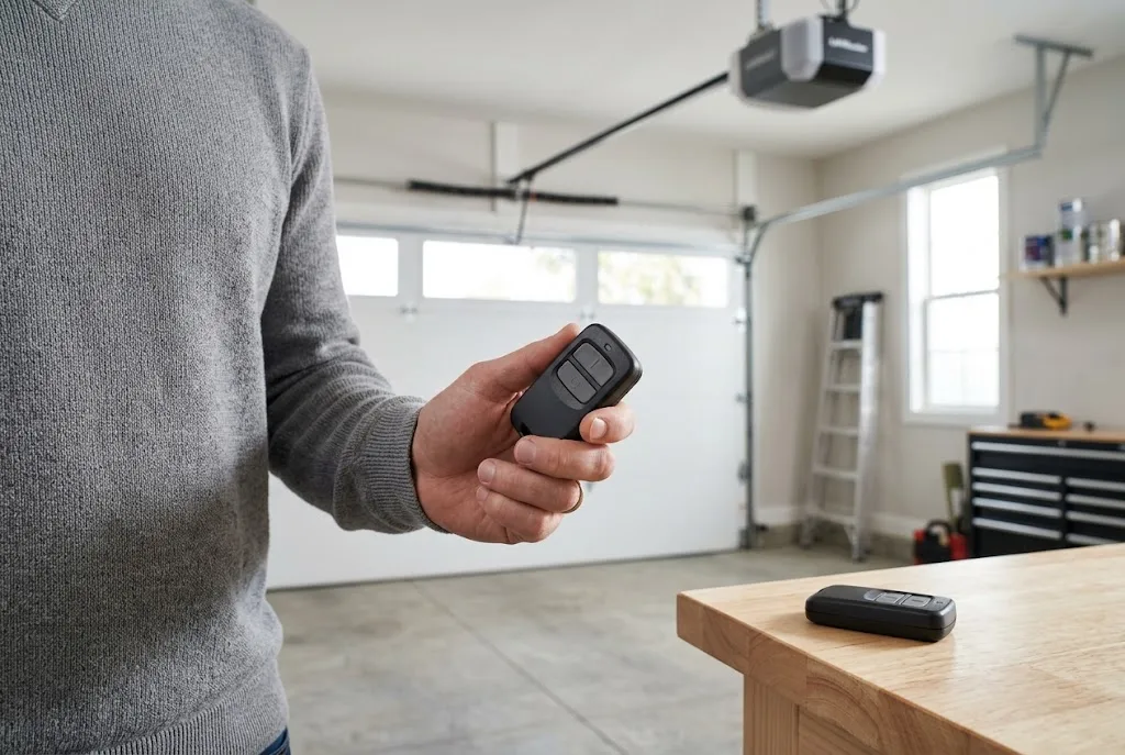 LiftMaster remote replacement guide showing a homeowner comparing garage door remote controls.