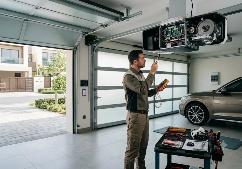 Technician repairing an automatic garage door motor system in Dubai