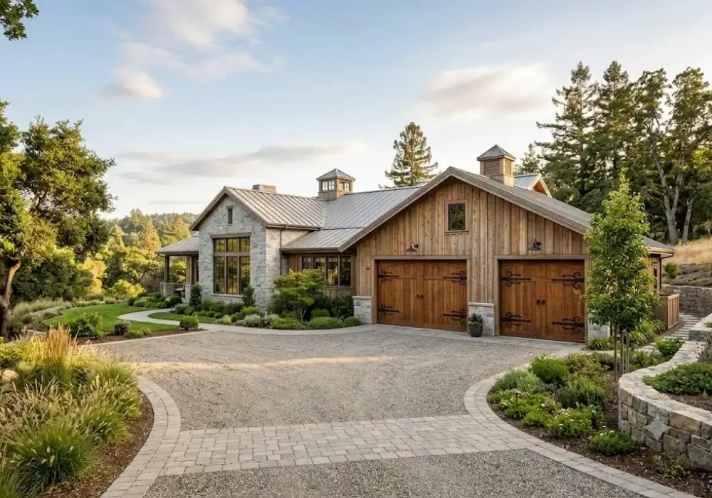 Rustic barn style garage doors with decorative hardware on a luxury residential property