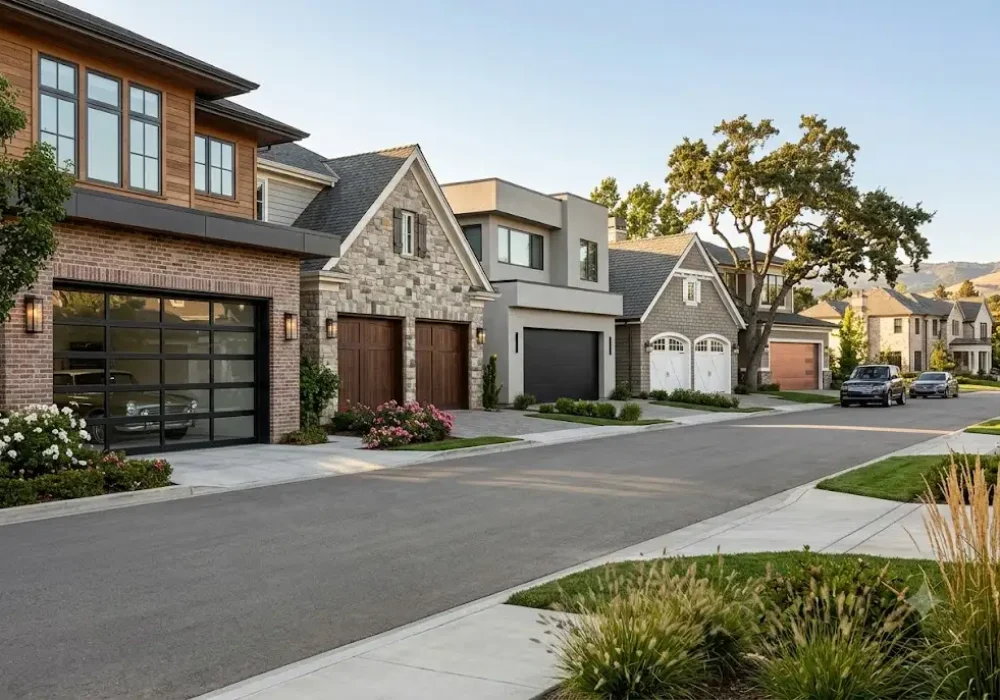 Collection of premium residential garage doors featuring wood, glass, black, and sectional garage door designs