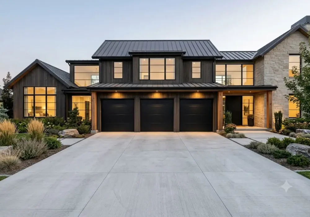 Elegant black garage doors installed on a luxury modern residential home