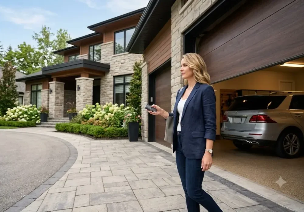 Chamberlain garage door opener remote being used to operate a modern garage door