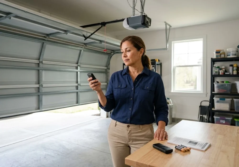 Chamberlain garage door remote replacement guide showing a homeowner comparing garage door remote controls.
