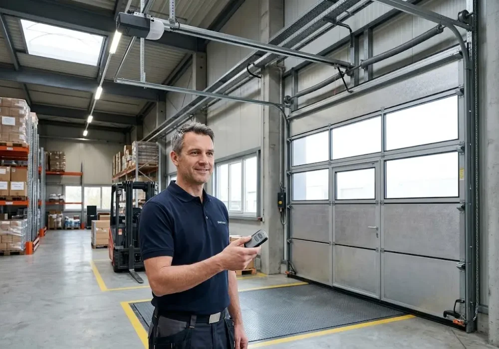 Commercial garage door remote used to operate a large industrial warehouse door.