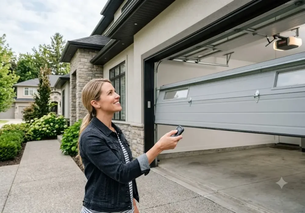 Craftsman garage door opener remote being used to operate an automatic residential garage door