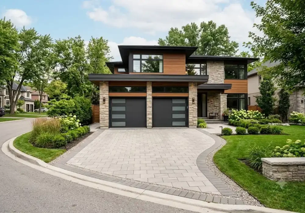 Stylish double door garage door installed on a modern two-car garage