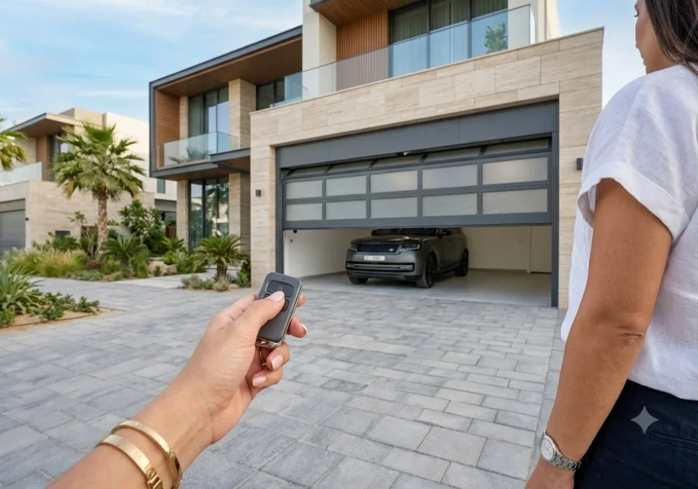 Homeowner using an electric garage door remote to operate an automatic garage door.