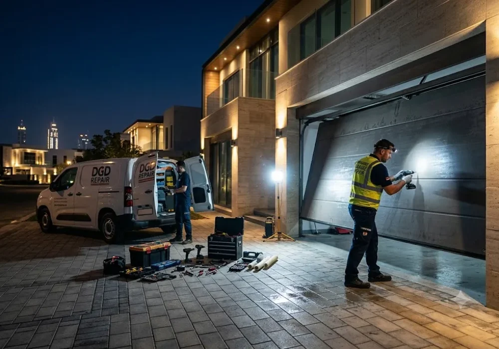 Technician performing emergency garage door repair at a residential property
