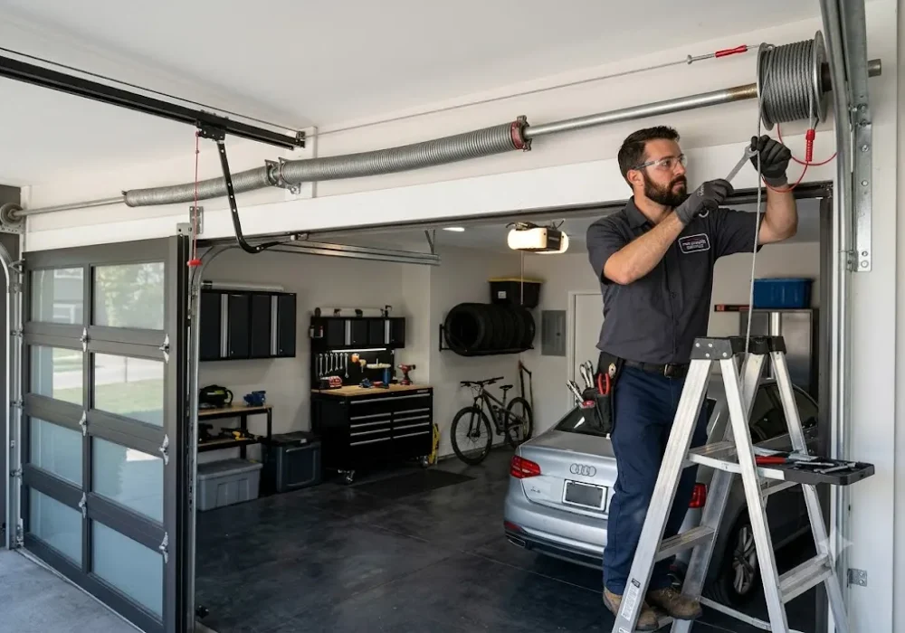 Professional garage door cable replacement being performed on a residential garage door