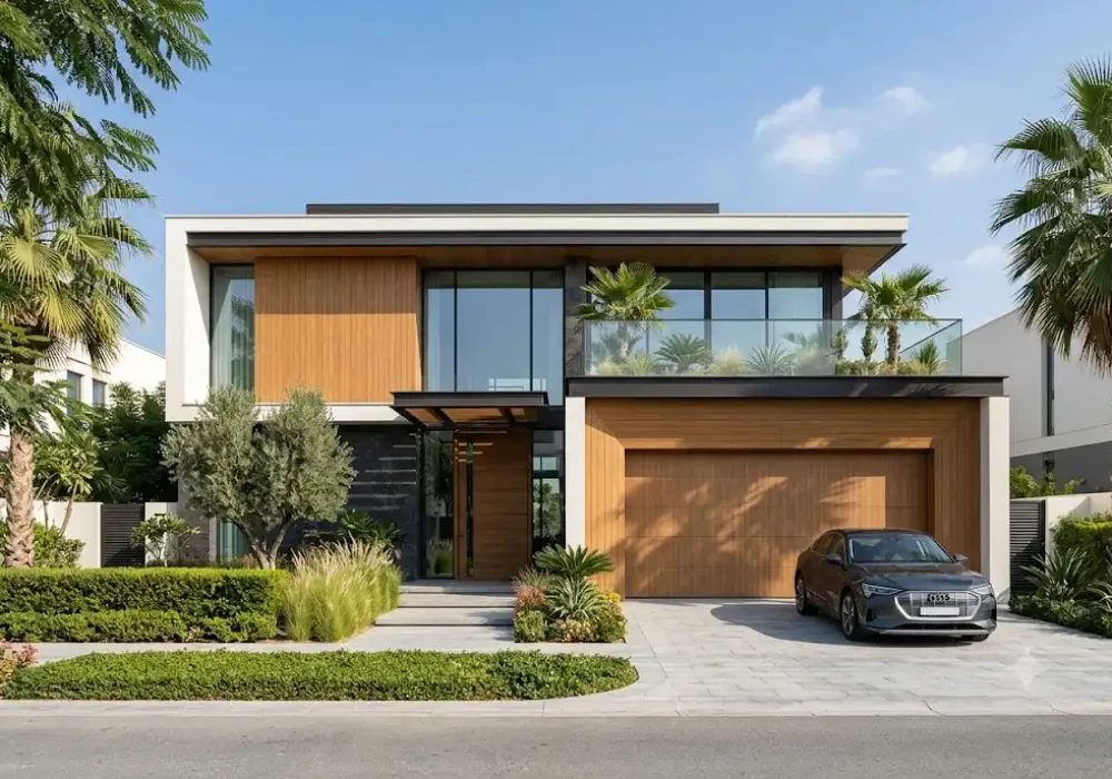 Contemporary garage door cladding installed on a modern residential garage