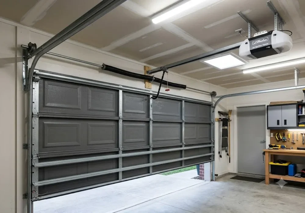 Major garage door components including rails, cables, springs, switches, and rollers