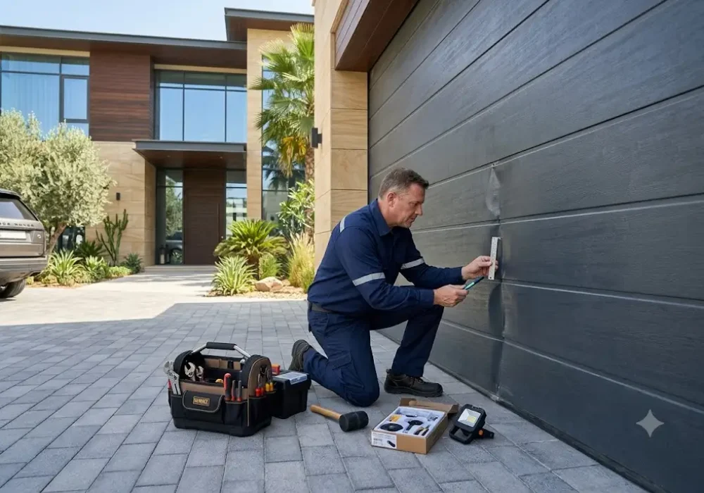 Technician inspecting a dented garage door panel for repair