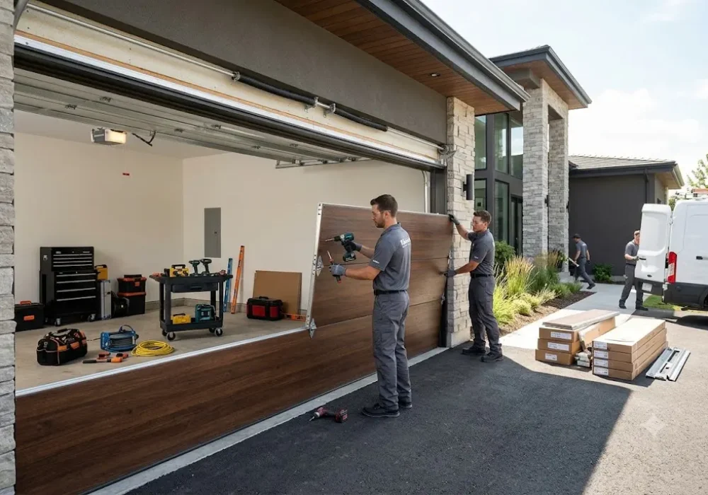 Professional garage door installation at a modern residential property