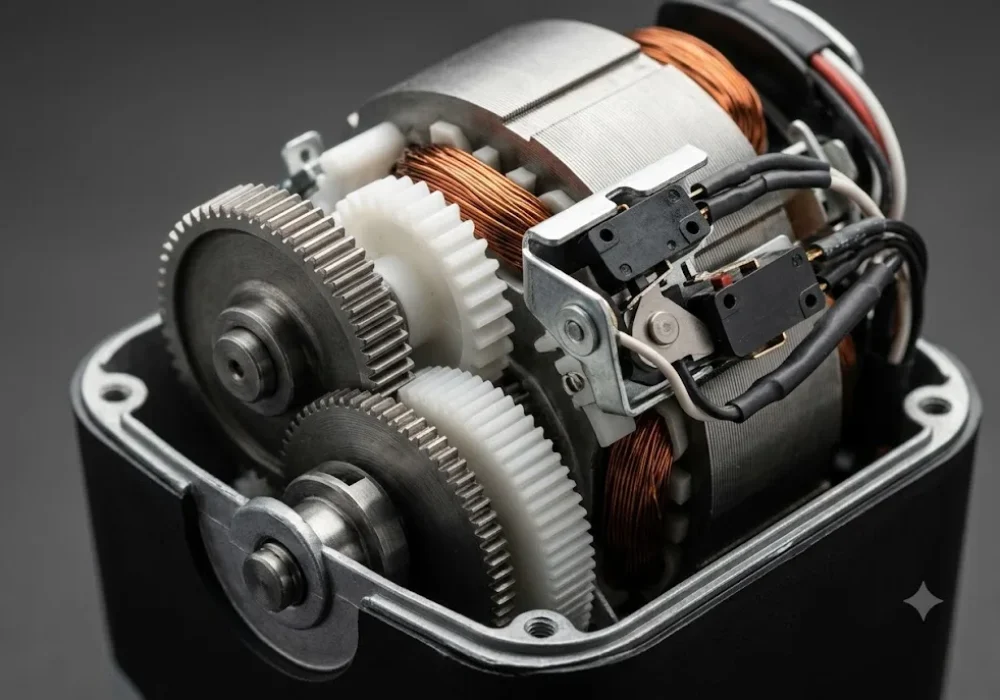 A detailed technical macro view of the internal gears, copper windings, and limit switch of an electric garage door motor.