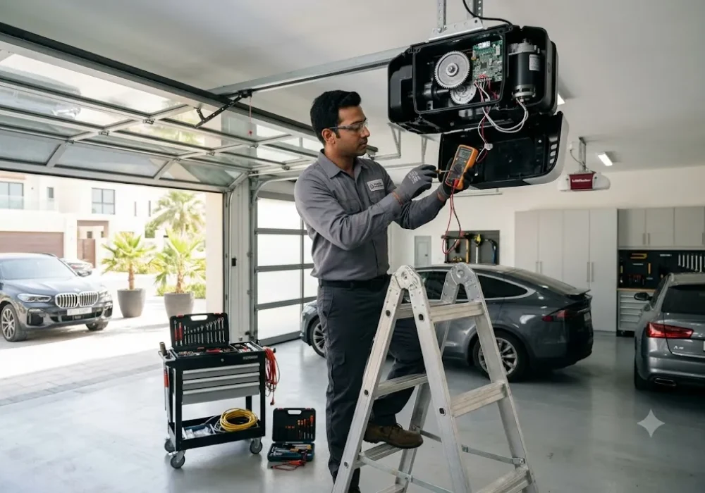 Technician repairing a garage door motor and opener system