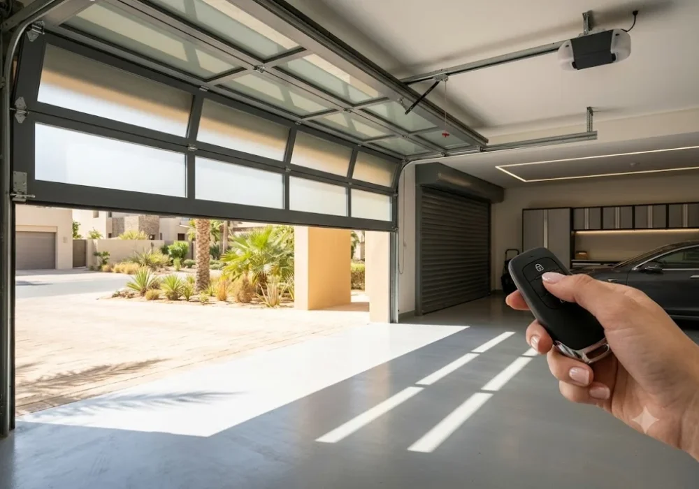 A residential garage door stopped halfway down its tracks while a homeowner attempts to close it using a remote control.