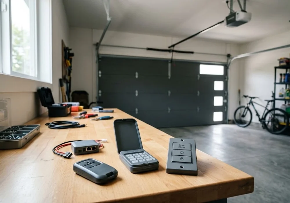 Garage door opener accessories including a wireless transmitter, keypad, and wall-mounted control.