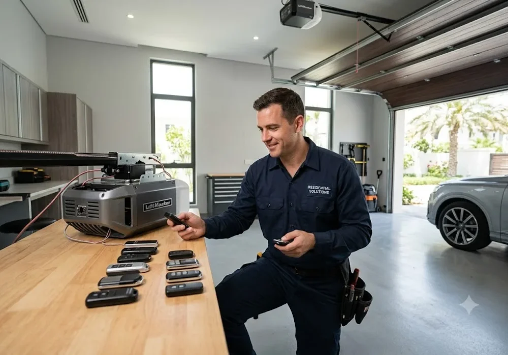Technician checking garage door opener remote compatibility for a modern automatic garage door system.
