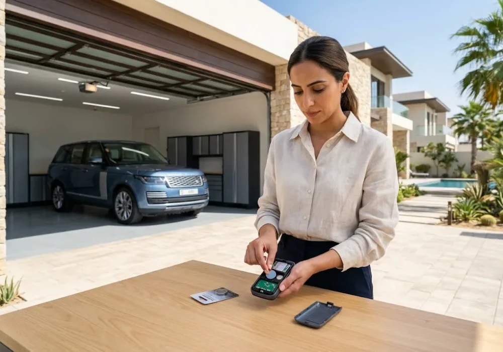 Homeowner performing a garage door remote battery replacement using a new coin-cell battery.