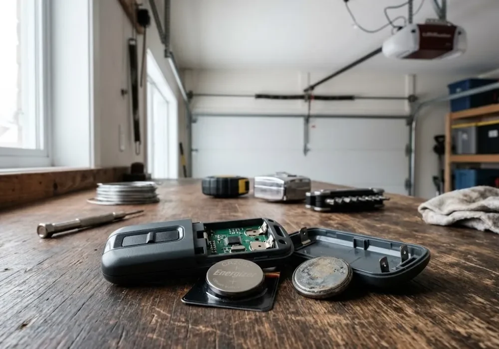 Garage door remote battery replacement beside an opened remote control
