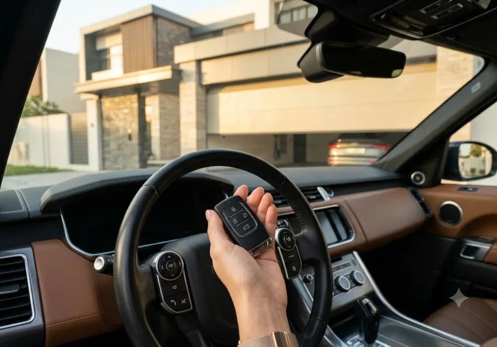 A close up of a driver holding a sleek black garage door remote control inside a vehicle to open a modern villa garage door.