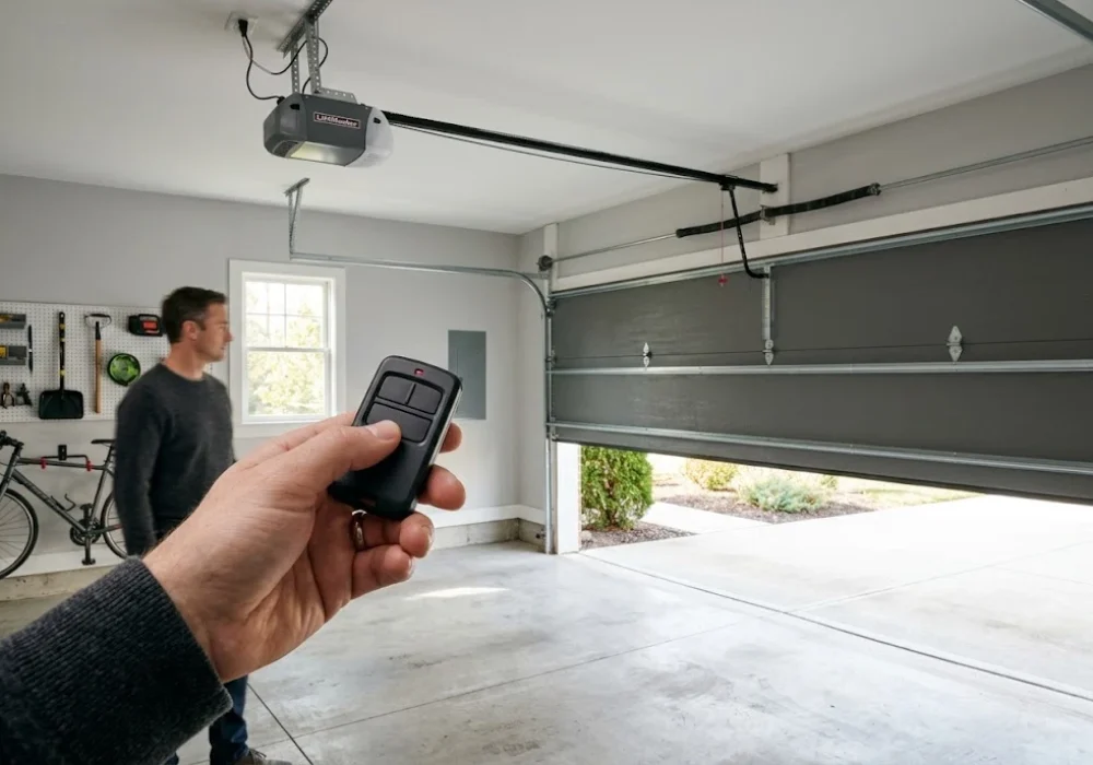 Garage door remote manual guide showing a handheld remote used to operate a residential garage door.