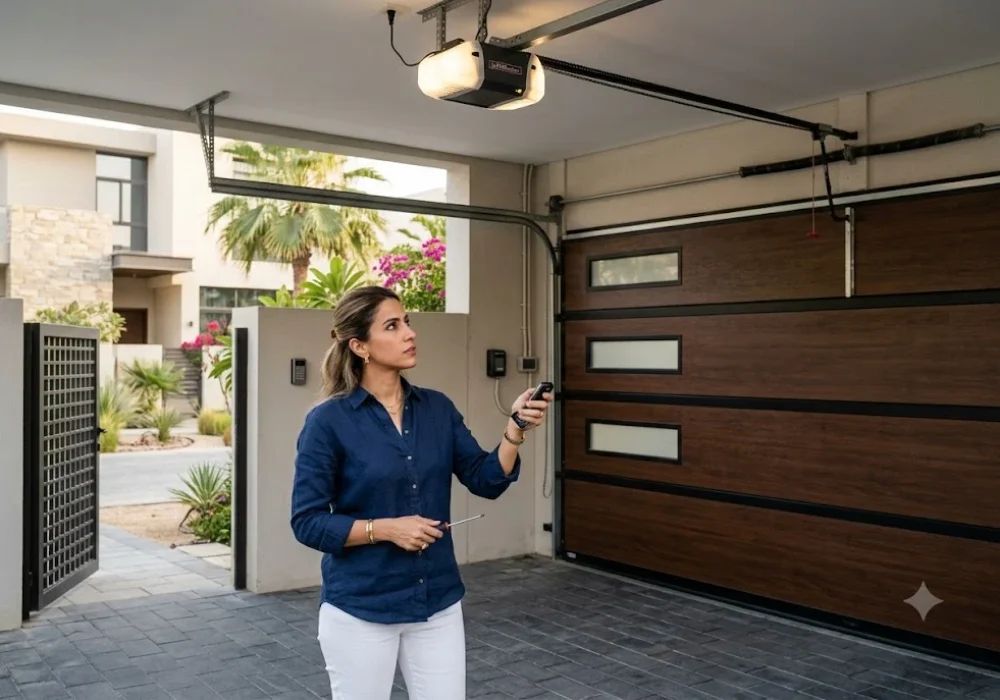 Homeowner diagnosing a garage door remote not working problem in a residential garage