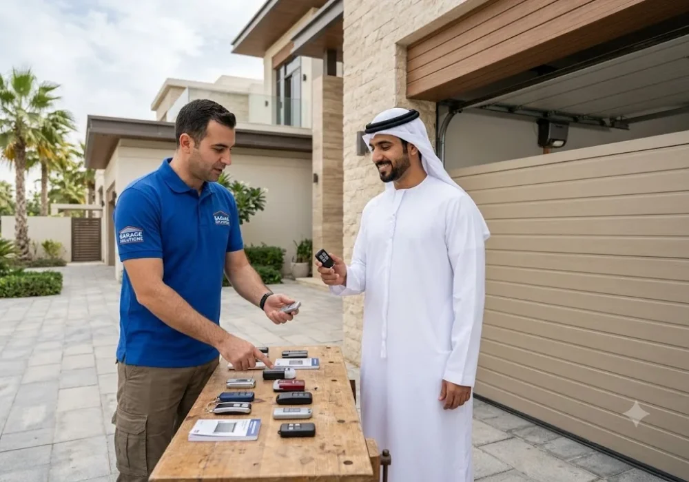 Homeowner choosing a garage door remote replacement for an automatic garage door in the UAE