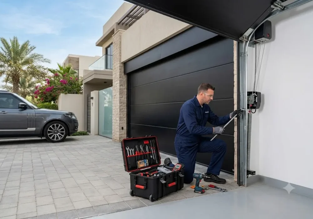 Technician performing garage door repair service at a residential property in Dubai