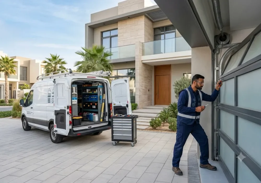 Local garage door repair technician inspecting a residential garage door