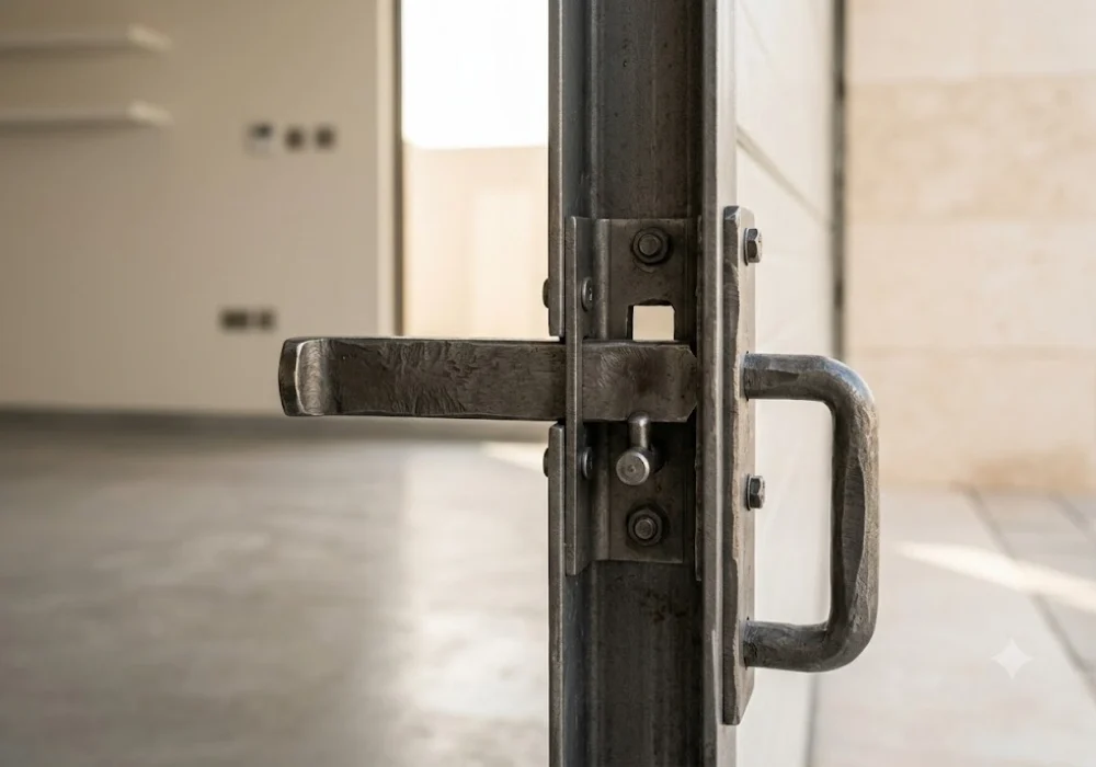 A heavy-duty steel slide lock manually engaged into a garage door track to secure the villa from break-ins.