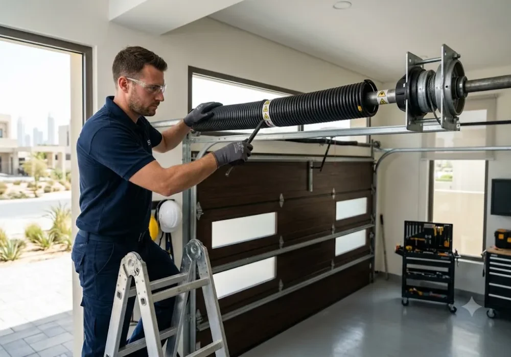Technician performing garage door spring repair on a residential garage door