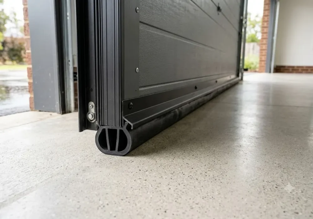 Garage door weather seal installed along the bottom edge of a garage door