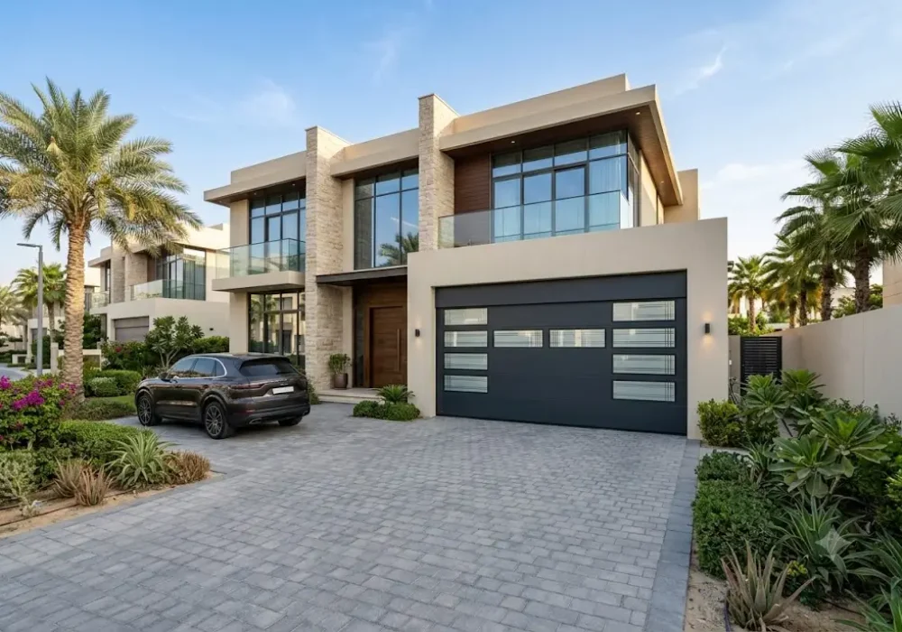 Modern garage door windows installed on a residential garage door