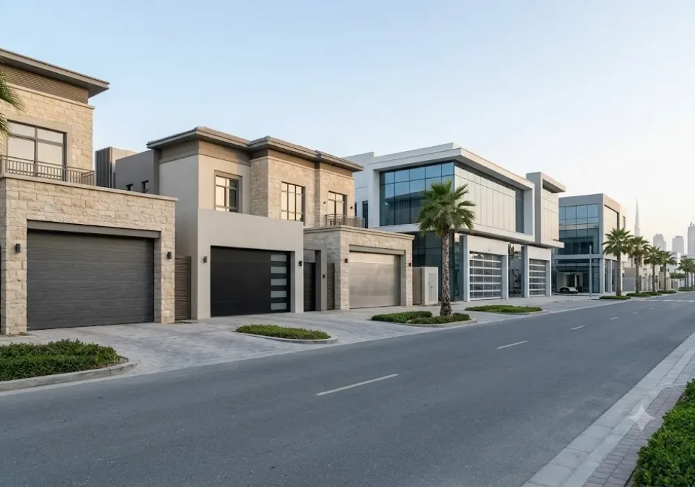 Modern garage doors installed on residential and commercial properties in Dubai