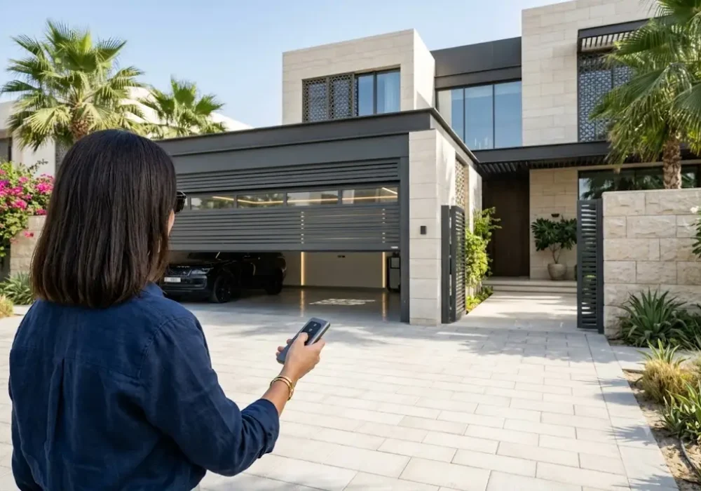 Homeowner using a garage gate remote control to open an automated residential garage gate.