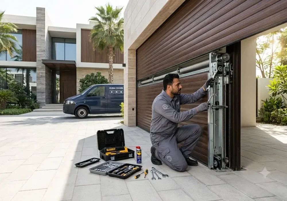 Technician repairing a roller garage door system