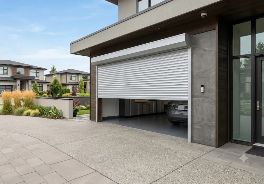Aluminum roller shutter garage door installed on a modern residential garage