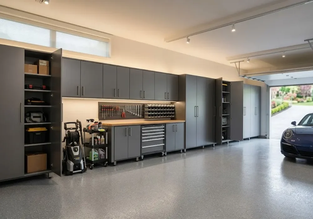 Modern garage storage cabinets with doors installed in a clean and organized residential garage