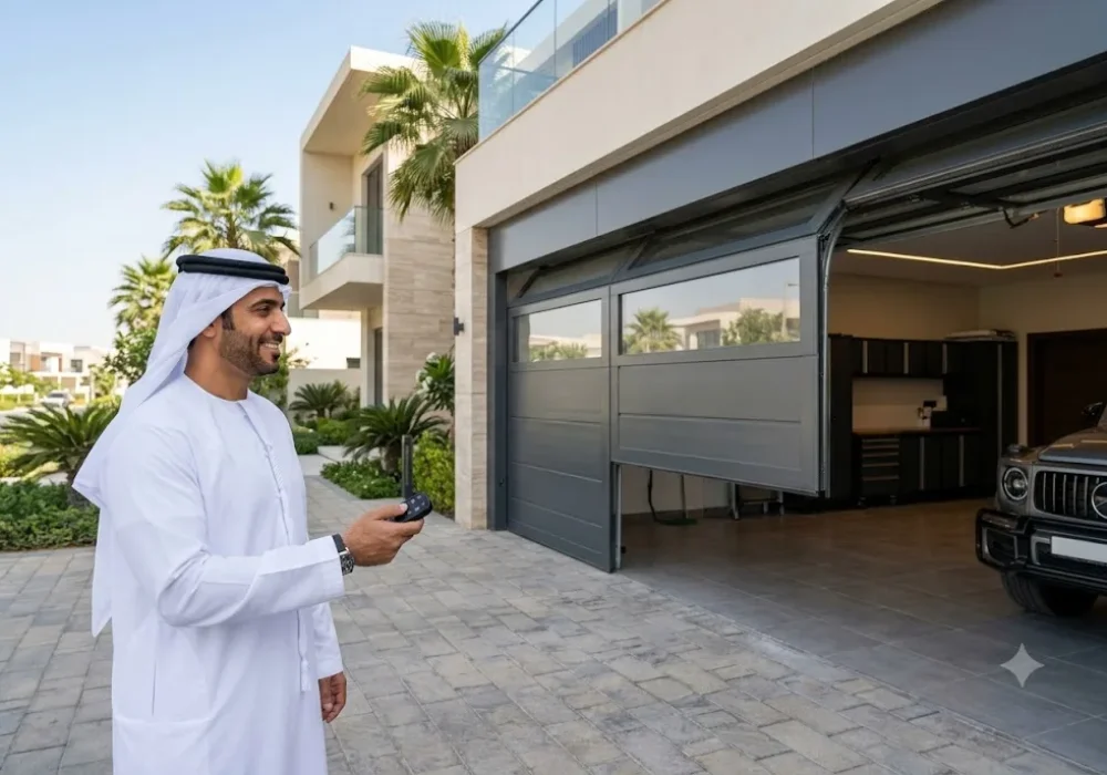 Homeowner using a genie garage door opener remote to open a residential garage door in the UAE
