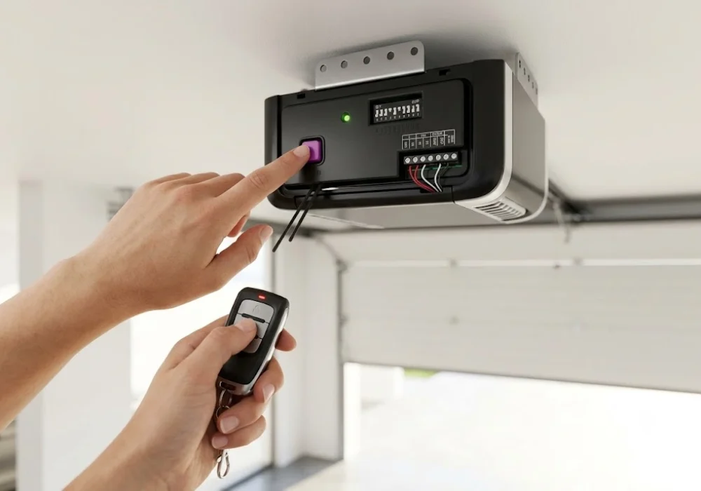 A close-up view of a person programming a modern garage door opener remote by pressing the learn button on the overhead motor panel.