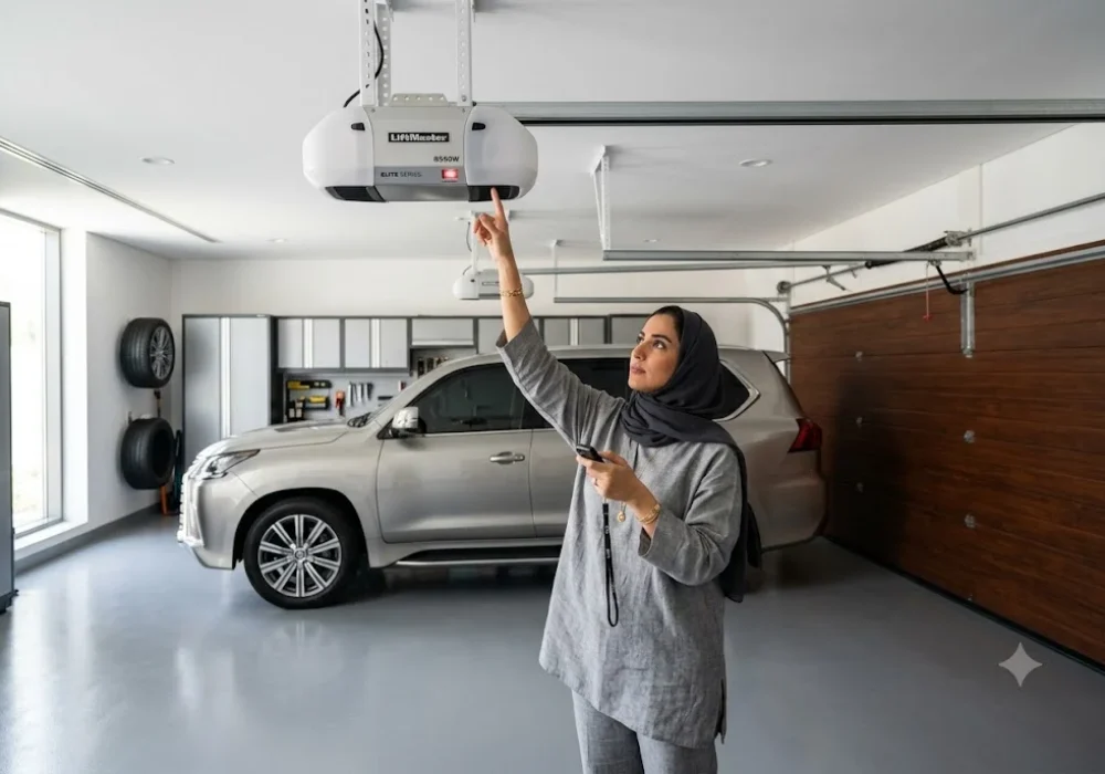Homeowner learning how to program garage door remote with a modern garage door opener