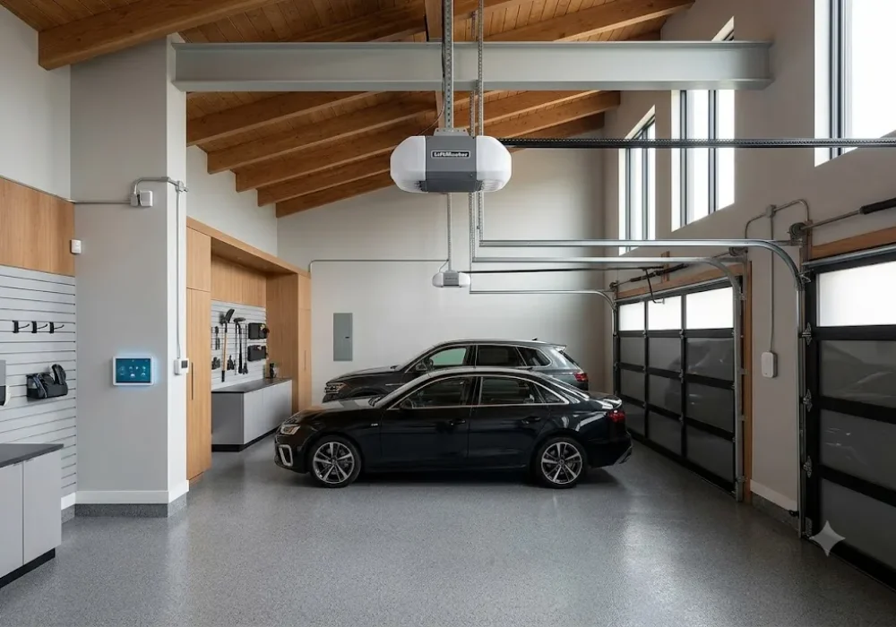Modern LiftMaster garage door opener installed in a residential garage