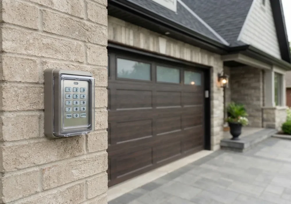 LiftMaster garage door opener keypad mounted beside a residential garage